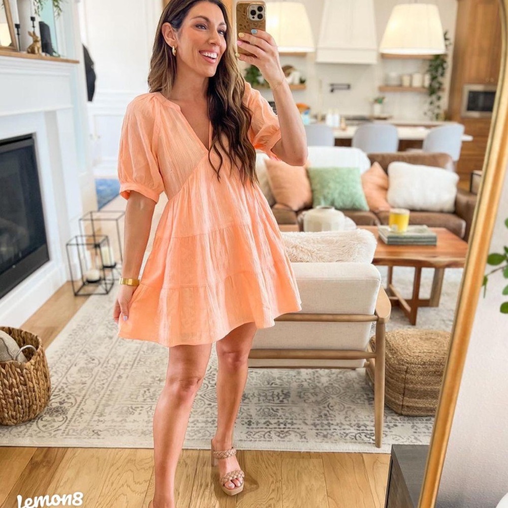 Women's Puff Elbow Sleeve Crinkle Tiered Dress - Universal Thread Peach